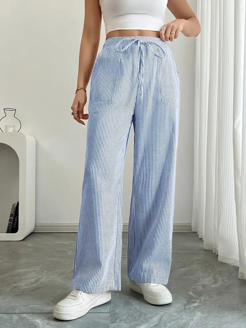 Women's Striped Linen Drawstring Wide-Leg Trousers