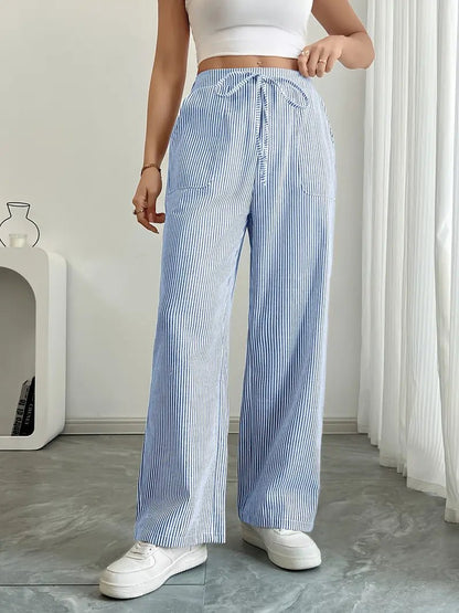 Women's Striped Linen Drawstring Wide-Leg Trousers