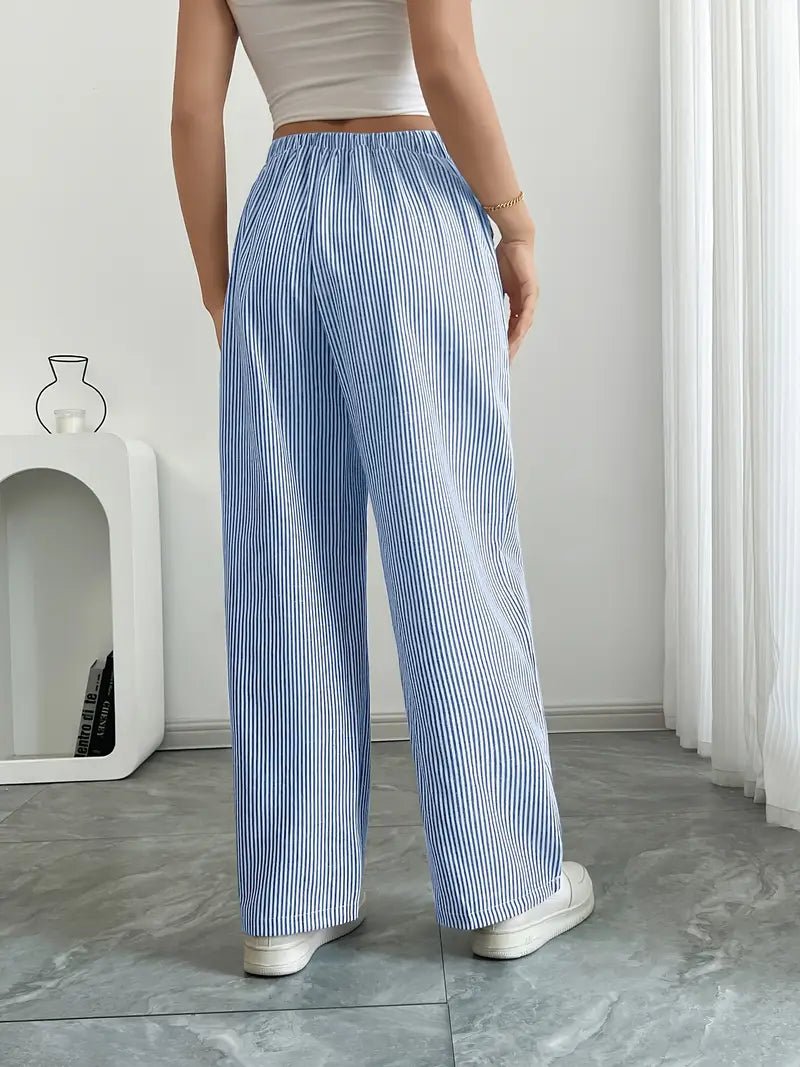 Women's Striped Linen Drawstring Wide-Leg Trousers