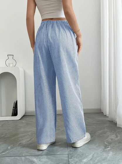 Women's Striped Linen Drawstring Wide-Leg Trousers