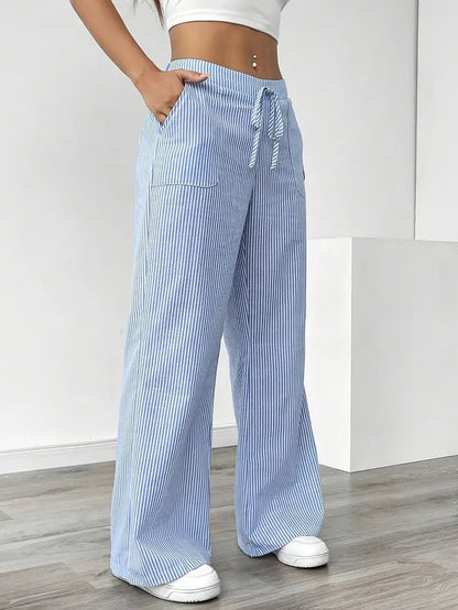 Women's Striped Linen Drawstring Wide-Leg Trousers