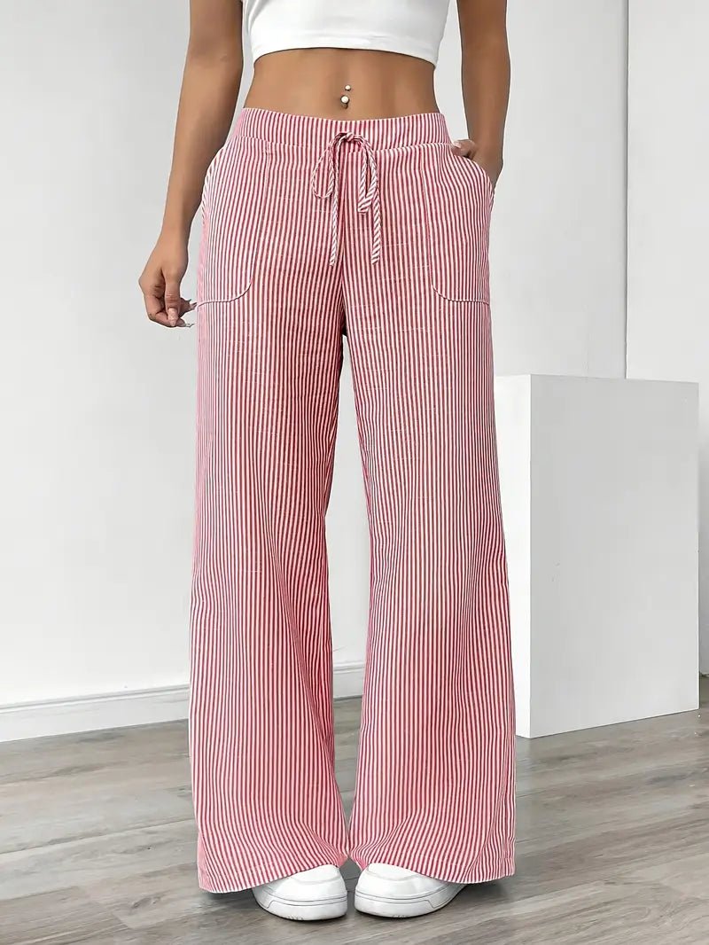 Women's Striped Linen Drawstring Wide-Leg Trousers