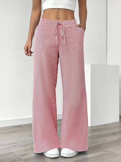 Women's Striped Linen Drawstring Wide-Leg Trousers
