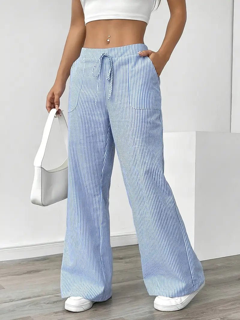 Women's Striped Linen Drawstring Wide-Leg Trousers