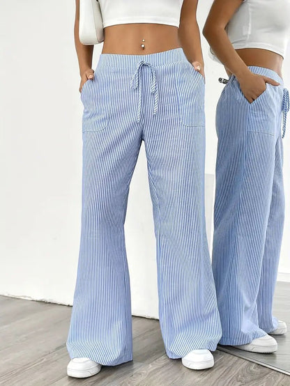 Women's Striped Linen Drawstring Wide-Leg Trousers