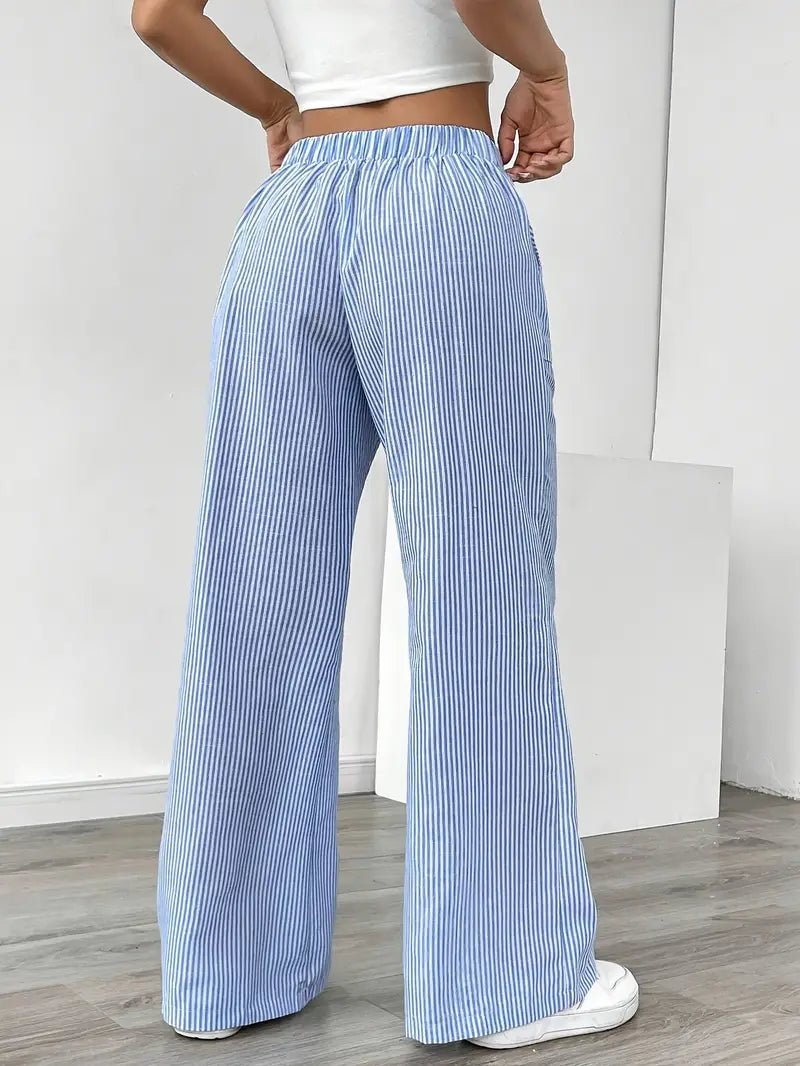 Women's Striped Linen Drawstring Wide-Leg Trousers