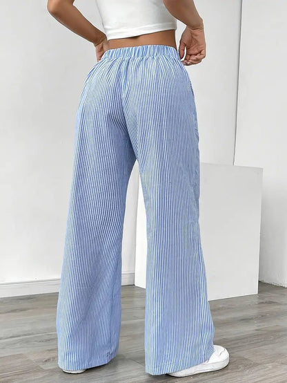 Women's Striped Linen Drawstring Wide-Leg Trousers