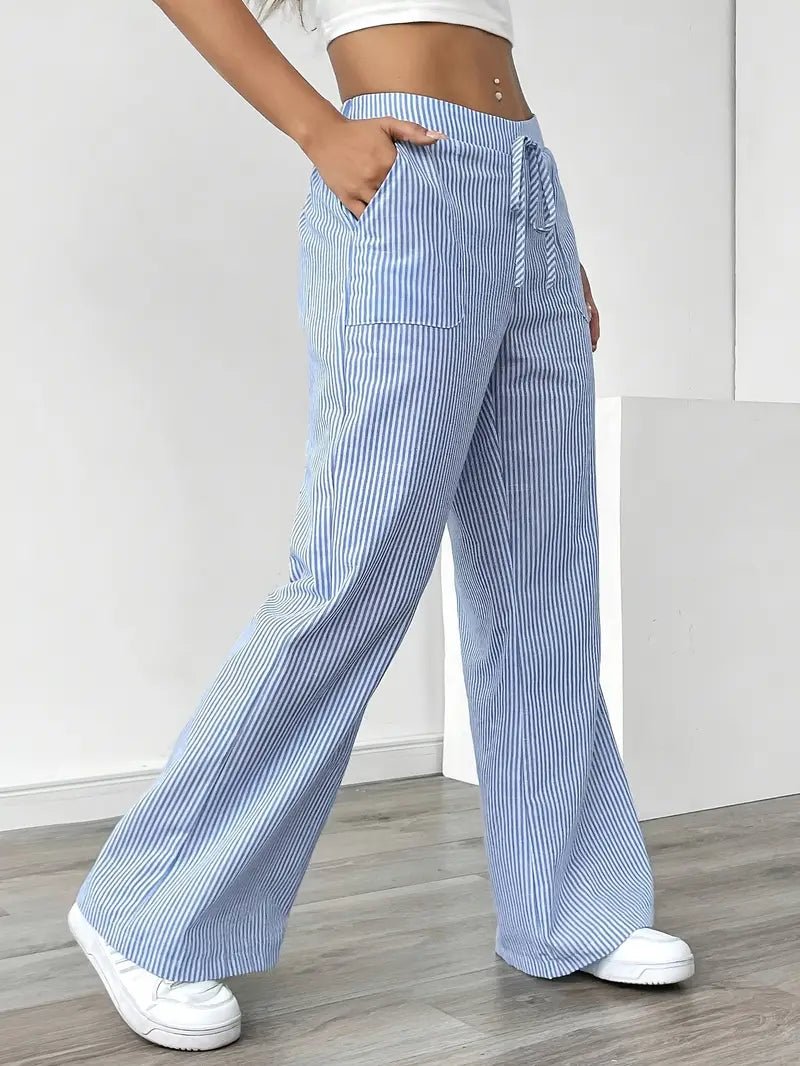 Women's Striped Linen Drawstring Wide-Leg Trousers