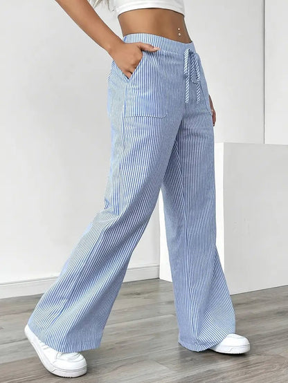 Women's Striped Linen Drawstring Wide-Leg Trousers