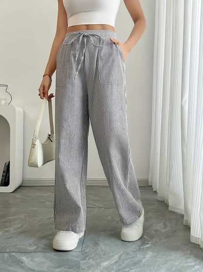 Women's Striped Linen Drawstring Wide-Leg Trousers