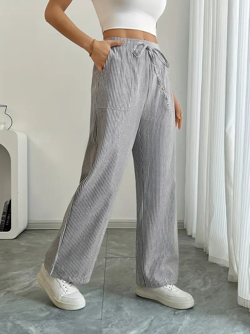 Women's Striped Linen Drawstring Wide-Leg Trousers