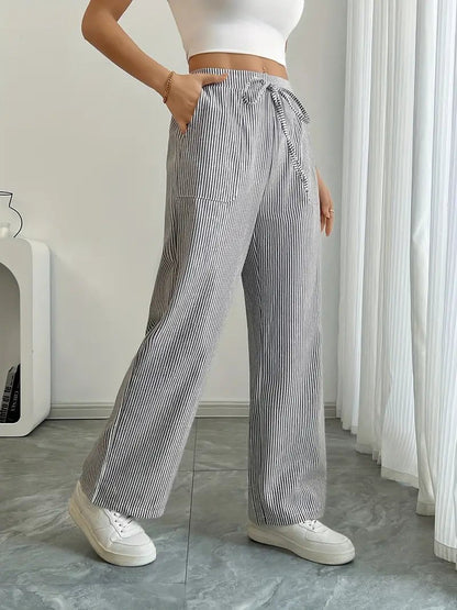 Women's Striped Linen Drawstring Wide-Leg Trousers