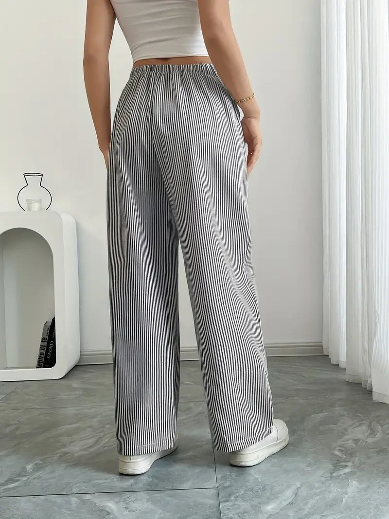 Women's Striped Linen Drawstring Wide-Leg Trousers