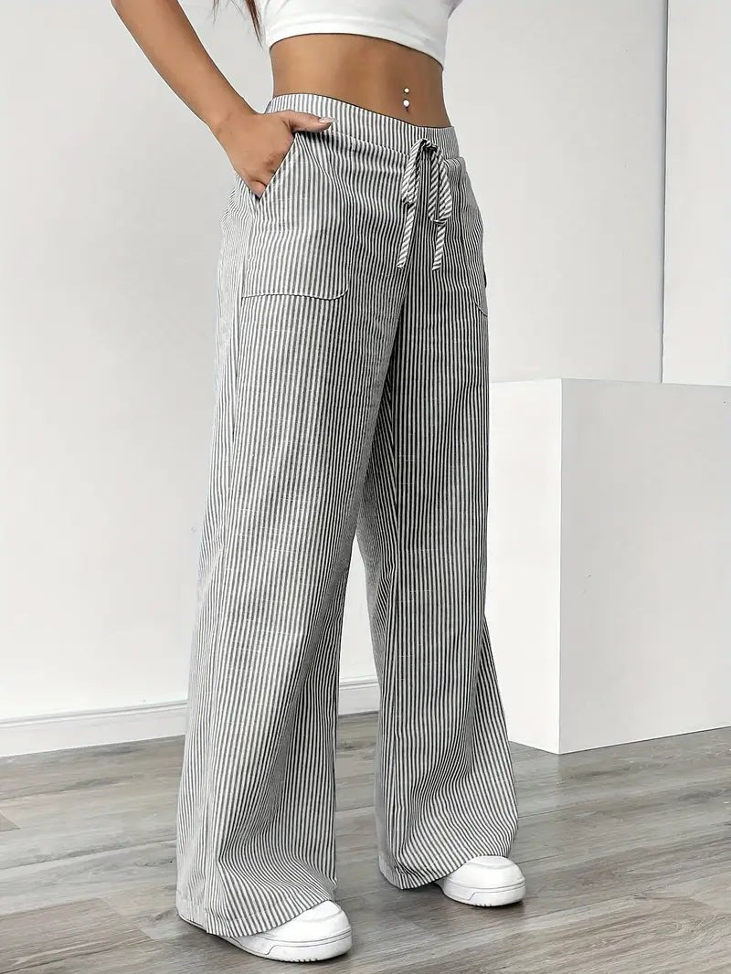 Women's Striped Linen Drawstring Wide-Leg Trousers