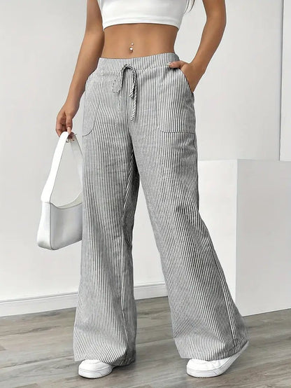 Women's Striped Linen Drawstring Wide-Leg Trousers