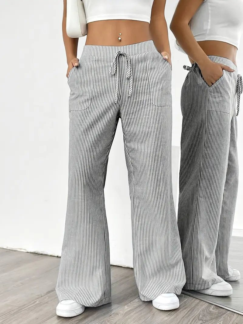 Women's Striped Linen Drawstring Wide-Leg Trousers
