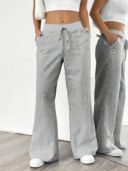 Women's Striped Linen Drawstring Wide-Leg Trousers
