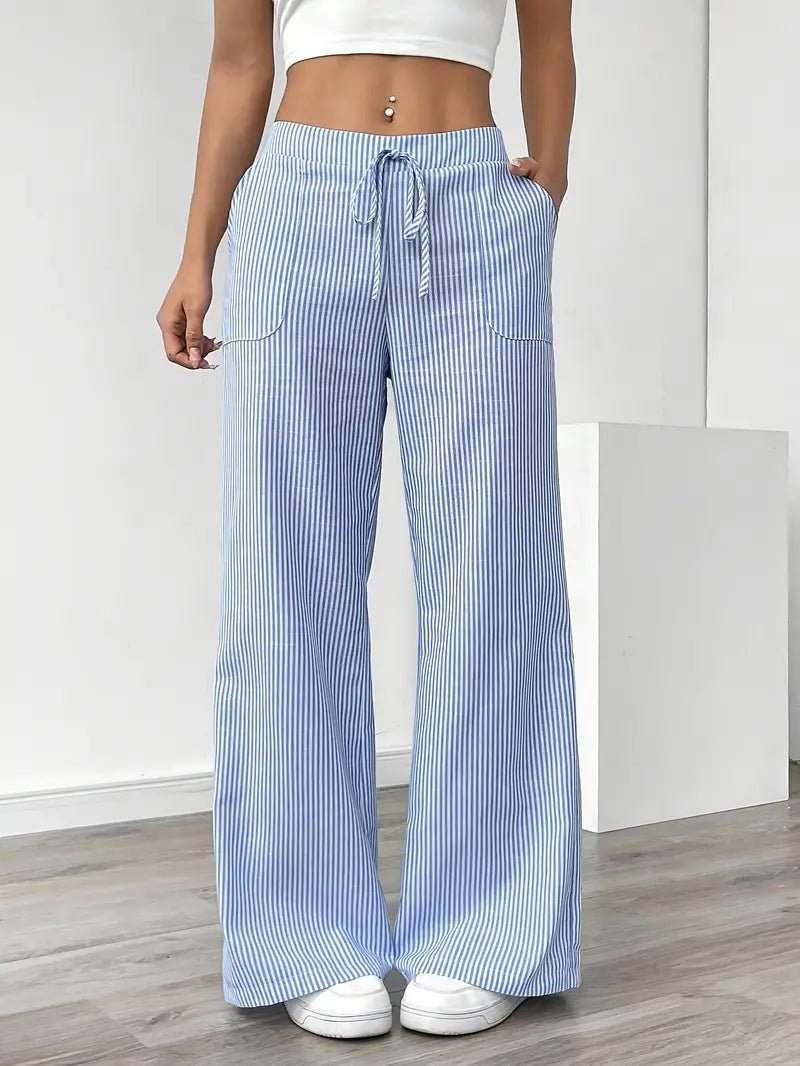Women's Striped Linen Drawstring Wide-Leg Trousers
