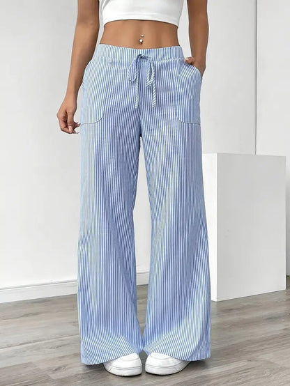 Women's Striped Linen Drawstring Wide-Leg Trousers