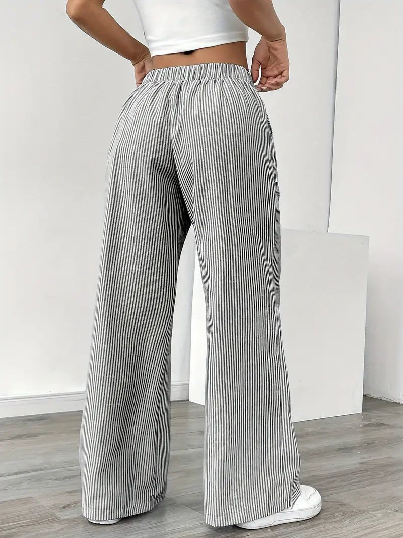 Women's Striped Linen Drawstring Wide-Leg Trousers