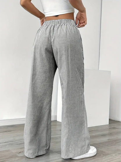 Women's Striped Linen Drawstring Wide-Leg Trousers