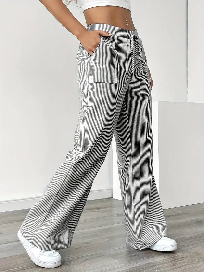 Women's Striped Linen Drawstring Wide-Leg Trousers