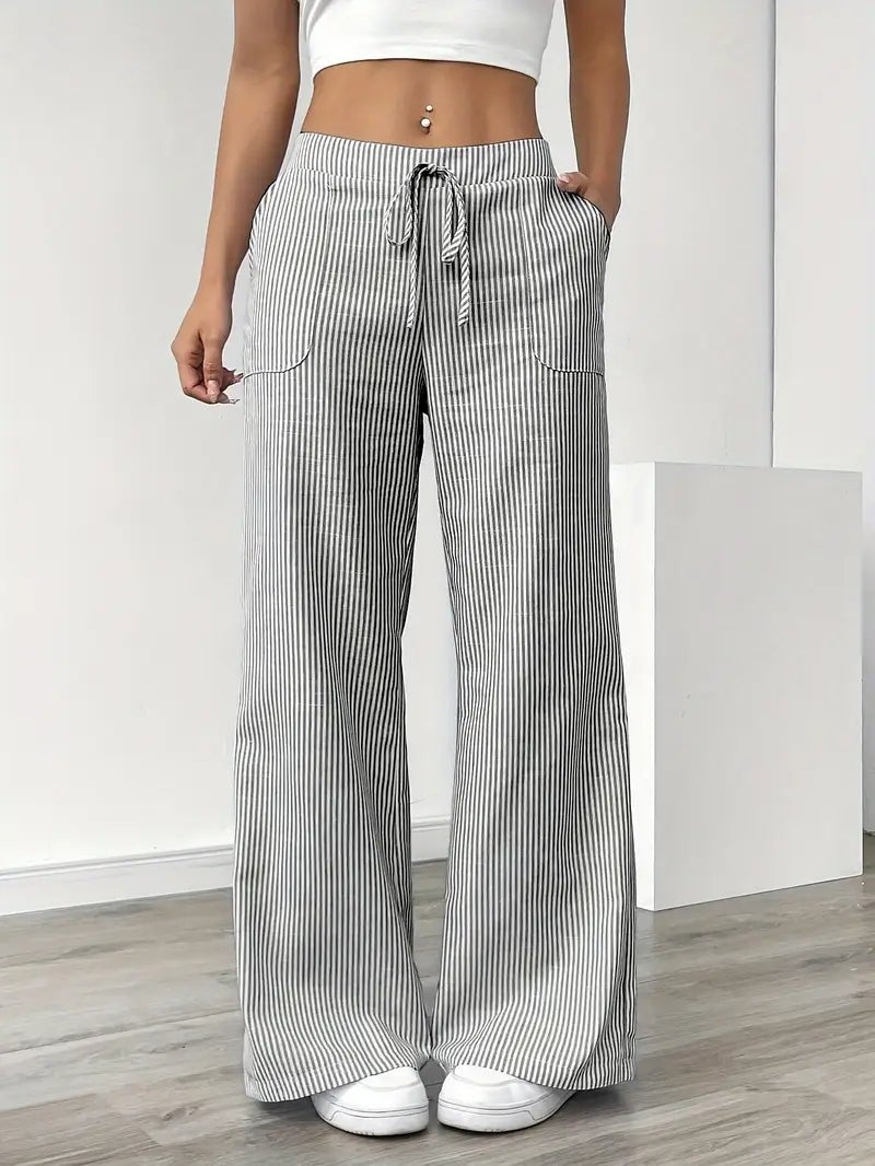 Women's Striped Linen Drawstring Wide-Leg Trousers