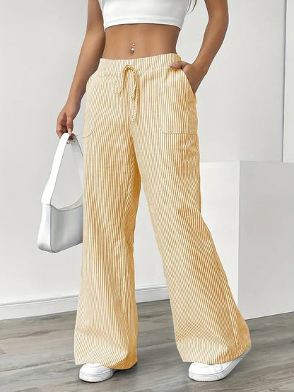 Women's Striped Linen Drawstring Wide-Leg Trousers