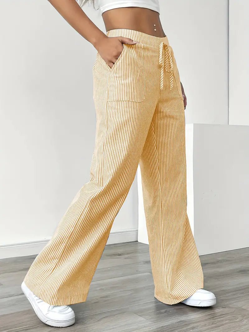 Women's Striped Linen Drawstring Wide-Leg Trousers