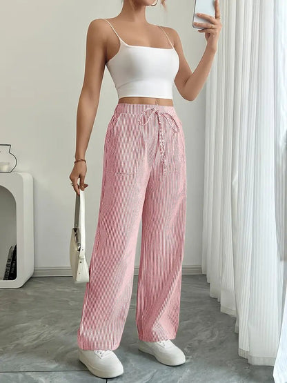 Women's Striped Linen Drawstring Wide-Leg Trousers