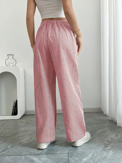 Women's Striped Linen Drawstring Wide-Leg Trousers
