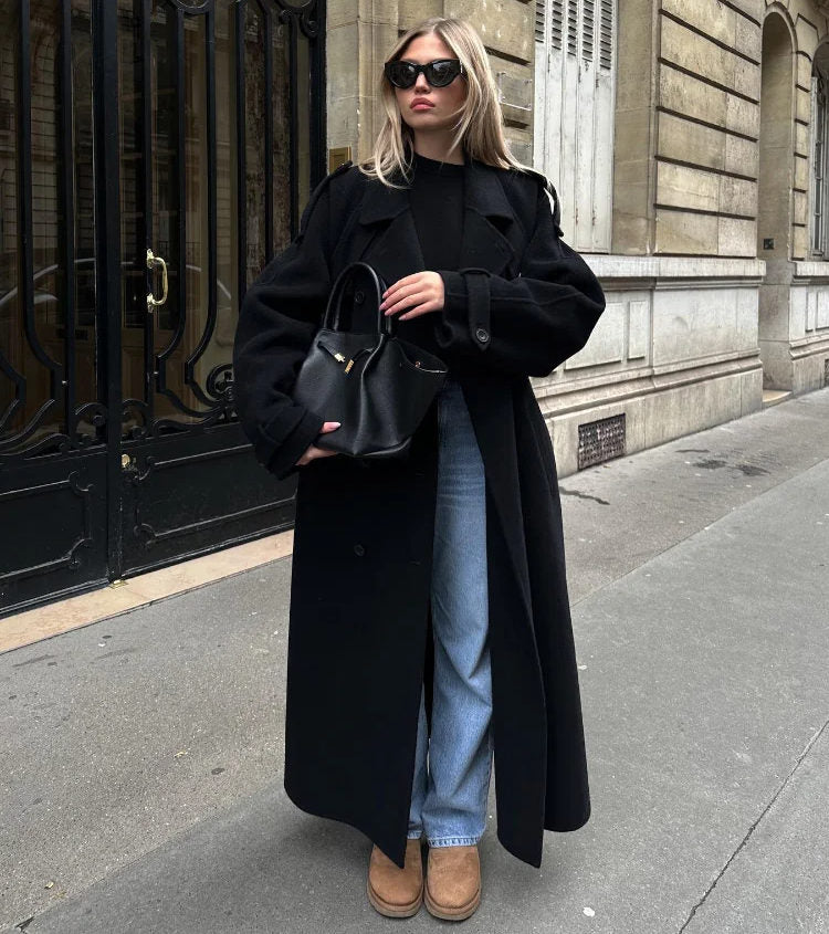 Women's Double-Breasted Long Trench Coat Workwear
