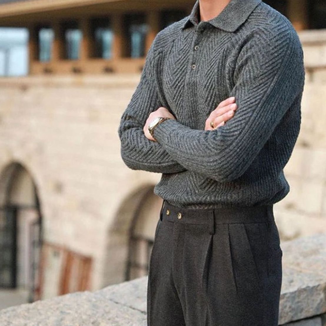 Men's Cable-Knit Collared Jumper Button Placket