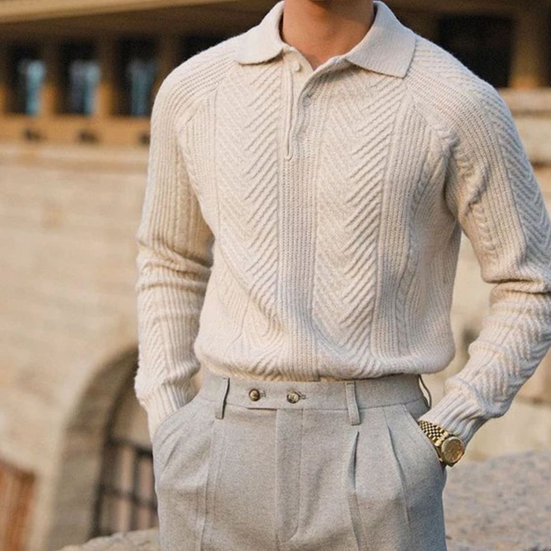 Men's Cable-Knit Collared Jumper Button Placket