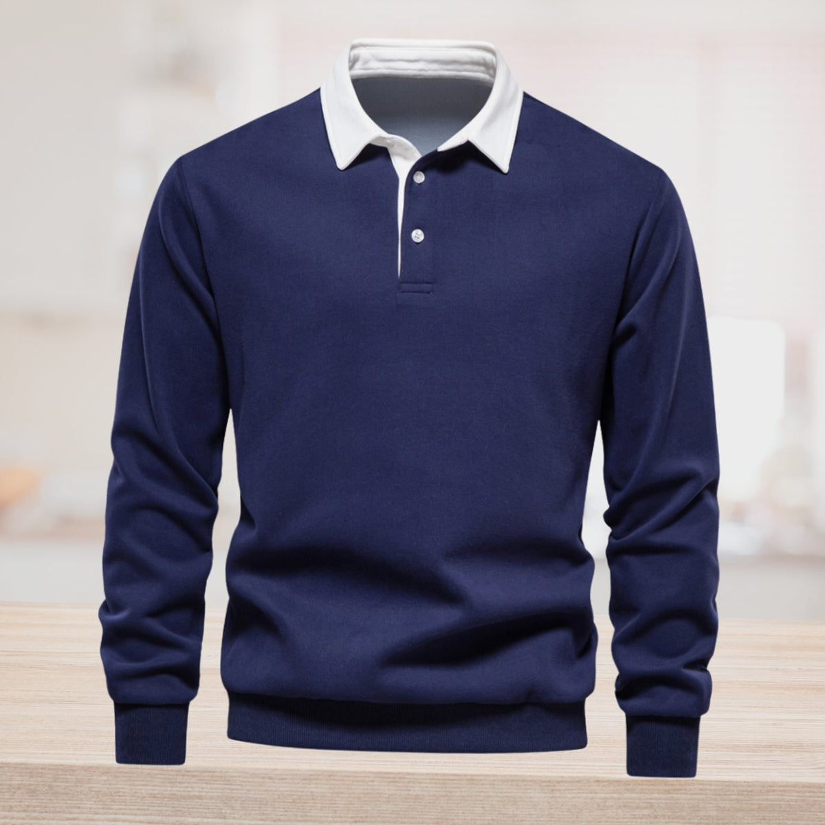 Men's Polo-Collar Knitted Jumper Ribbed-Cuff Winter Pullover