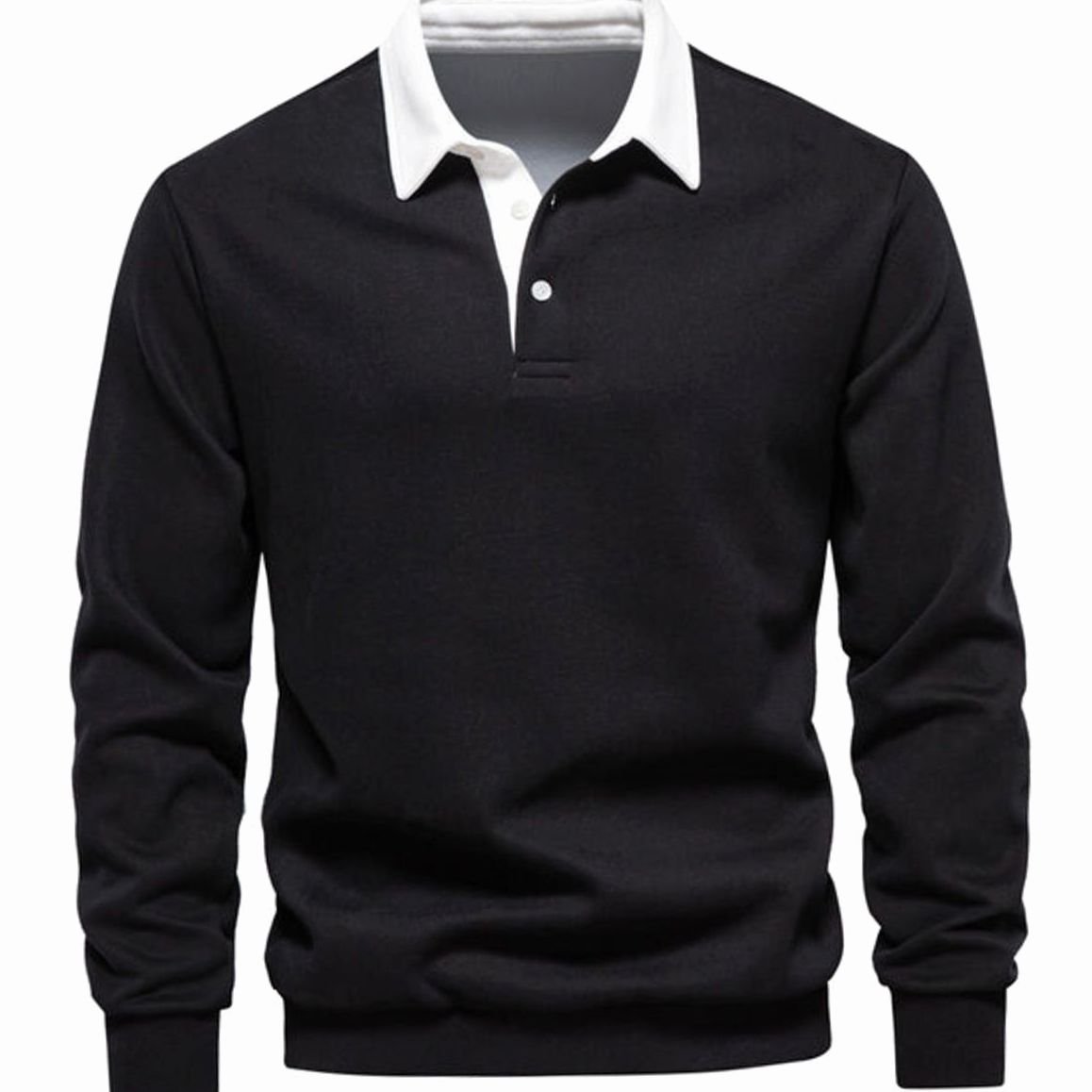 Men's Polo-Collar Knitted Jumper Ribbed-Cuff Winter Pullover