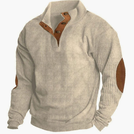 Men's Ribbed Corduroy Button-Neck Jumper Elbow Patches