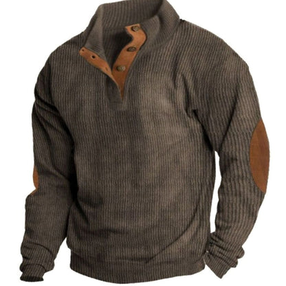 Men's Ribbed Corduroy Button-Neck Jumper Elbow Patches