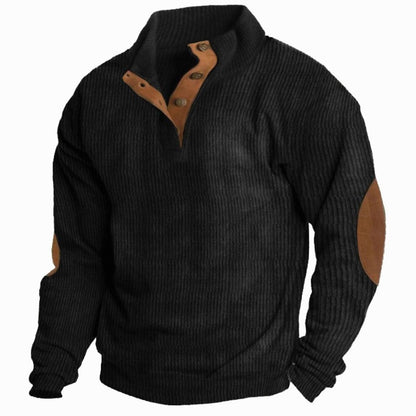 Men's Ribbed Corduroy Button-Neck Jumper Elbow Patches