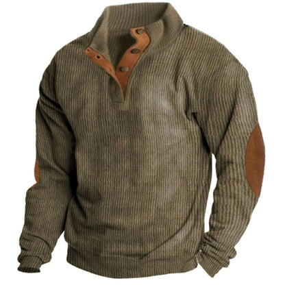 Men's Ribbed Corduroy Button-Neck Jumper Elbow Patches