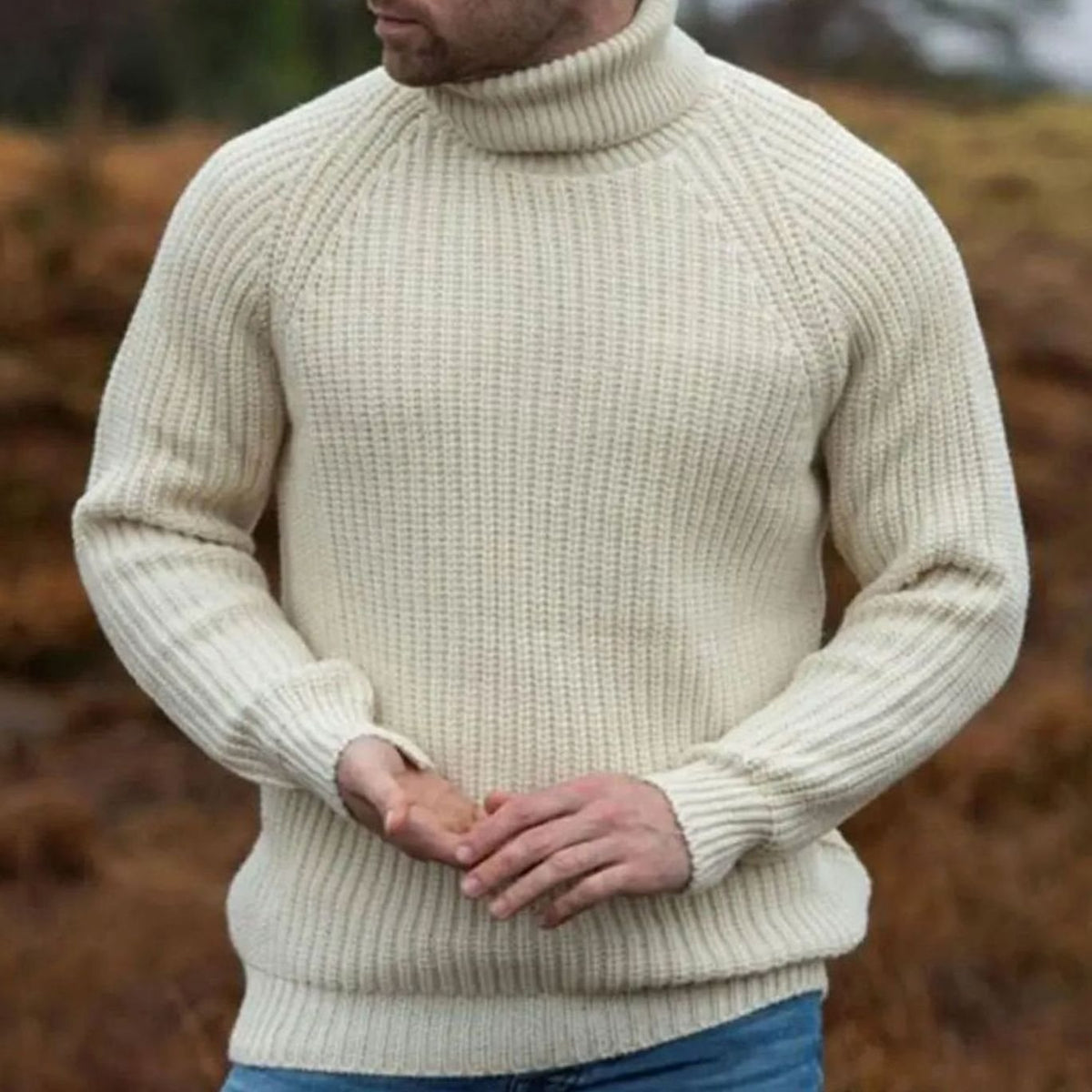 Men's Ribbed Turtleneck Knitted Jumper Raglan Sleeve