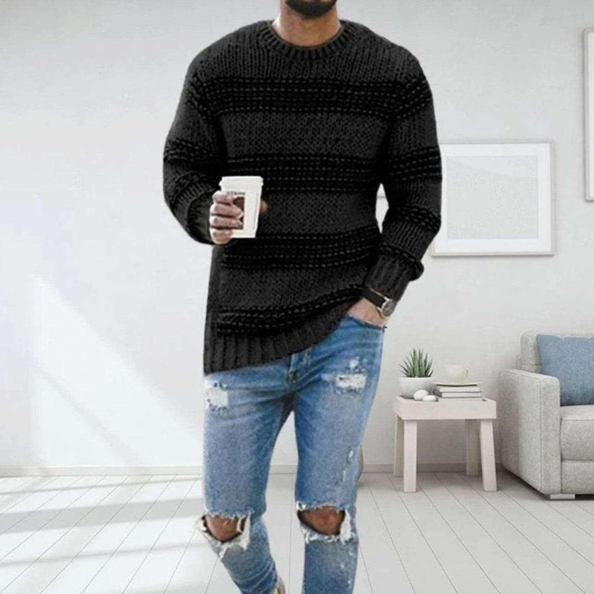 Men's Striped Crew-Neck Chunky Knitted Jumper