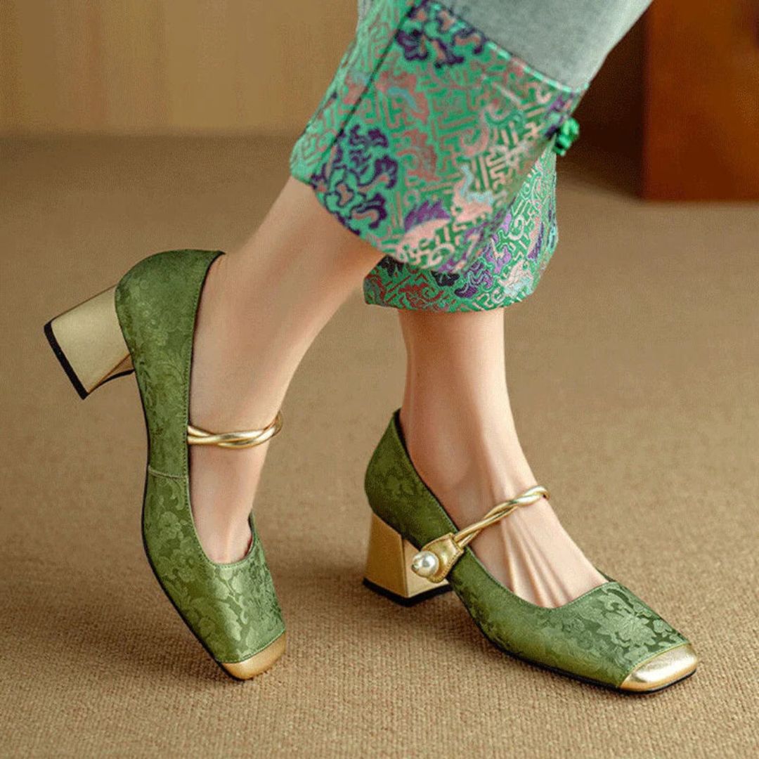 Women's Floral Jacquard Pearl Strap Heels Cushioned