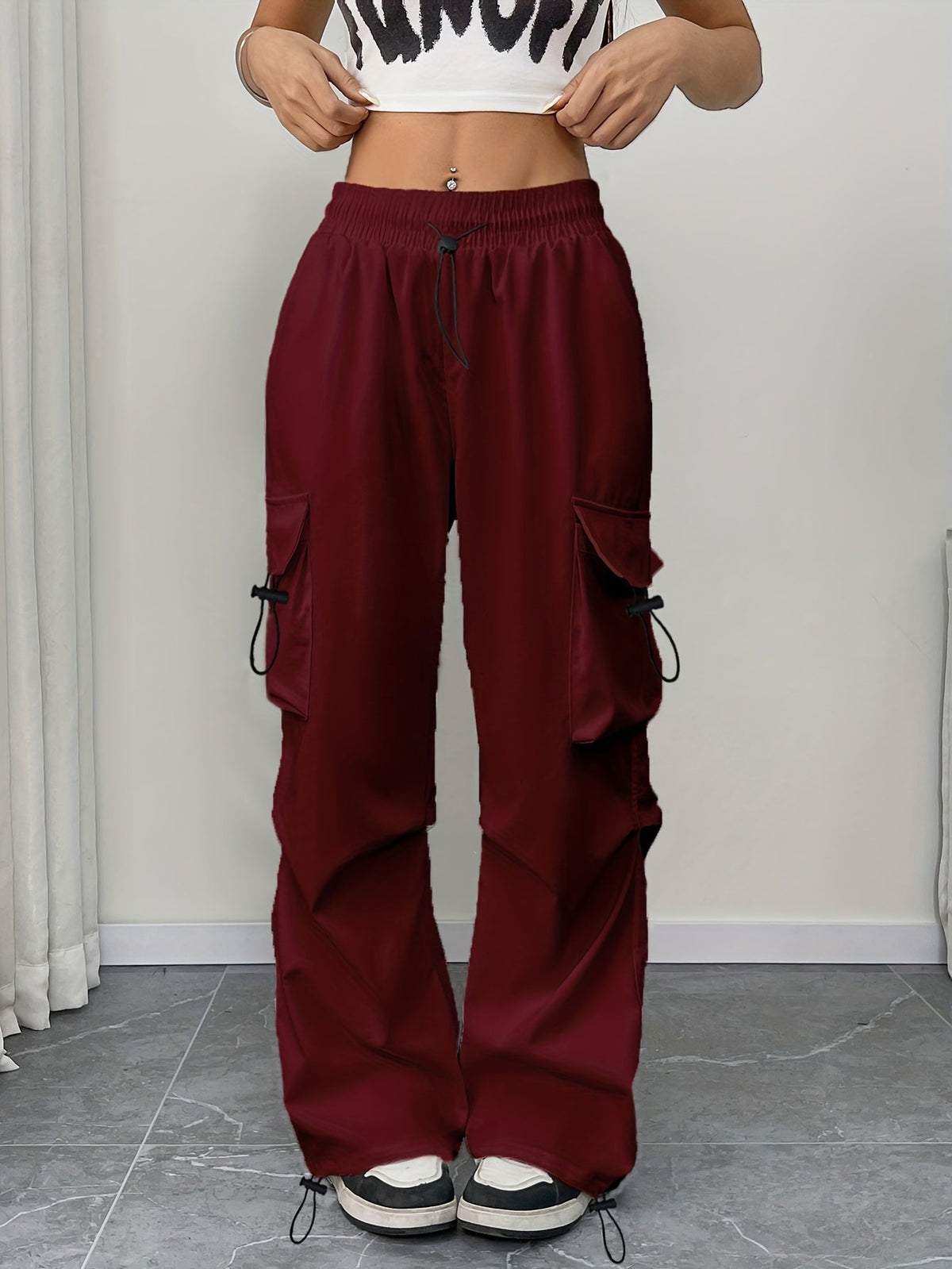 Women's Relaxed Drawstring Wide-Leg Cargo Trousers