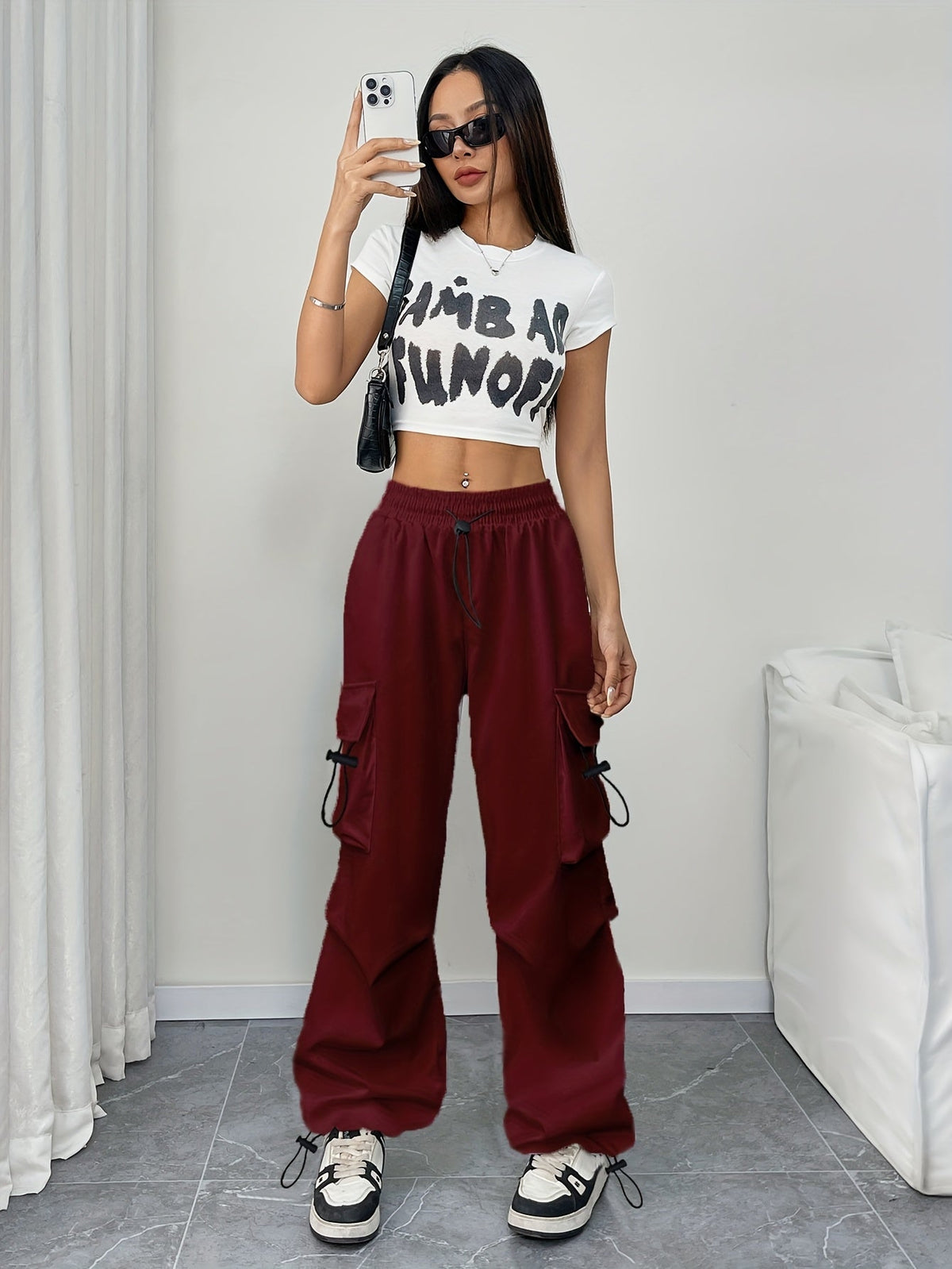Women's Relaxed Drawstring Wide-Leg Cargo Trousers