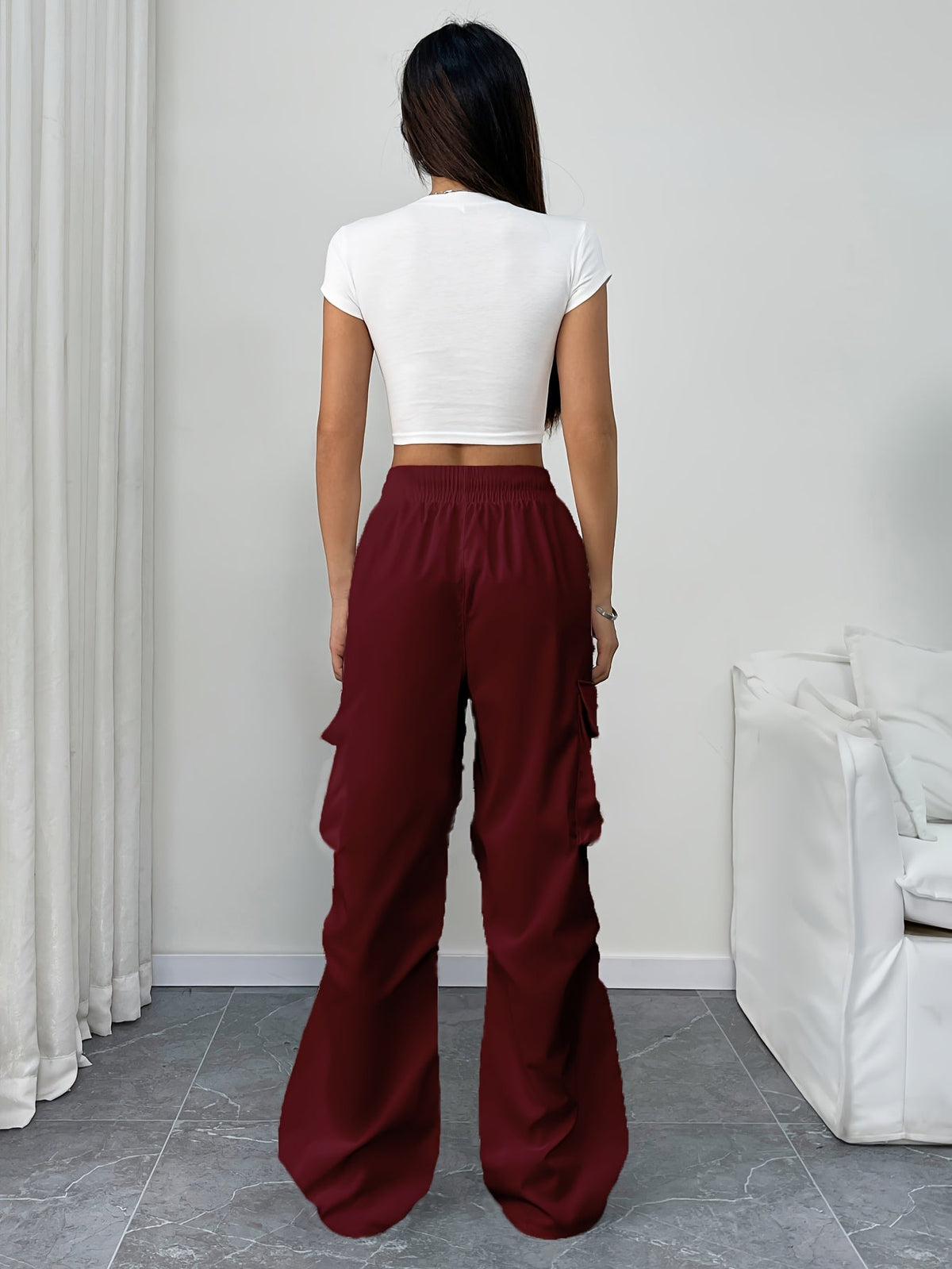 Women's Relaxed Drawstring Wide-Leg Cargo Trousers