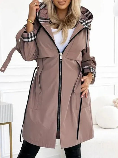 Women's Waterproof Midi Trench Coat Drawstring Waist Hooded Pockets