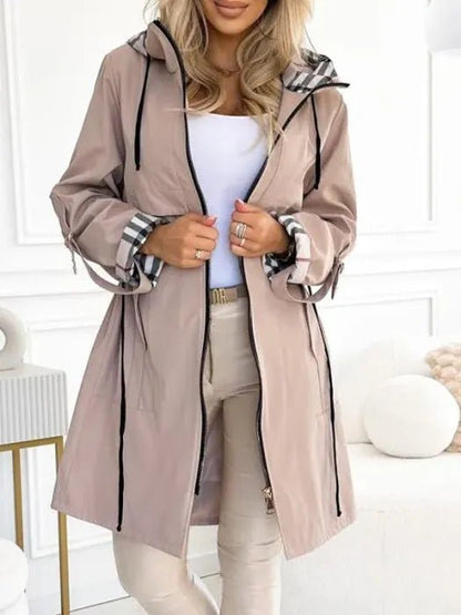 Women's Waterproof Midi Trench Coat Drawstring Waist Hooded Pockets