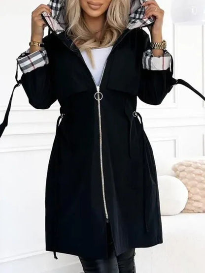 Women's Waterproof Midi Trench Coat Drawstring Waist Hooded Pockets