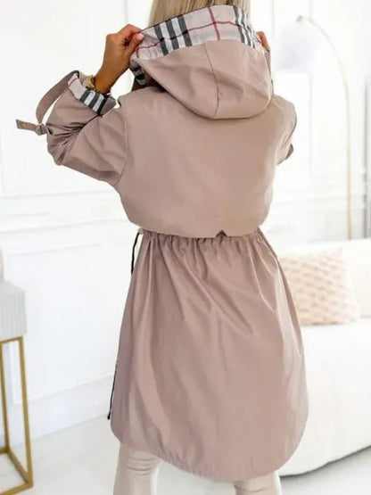 Women's Waterproof Midi Trench Coat Drawstring Waist Hooded Pockets